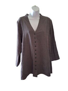 Habitat Womens Plaid Blouse Large Button Front Brown/White 3/4 Sleeves Lagenlook
